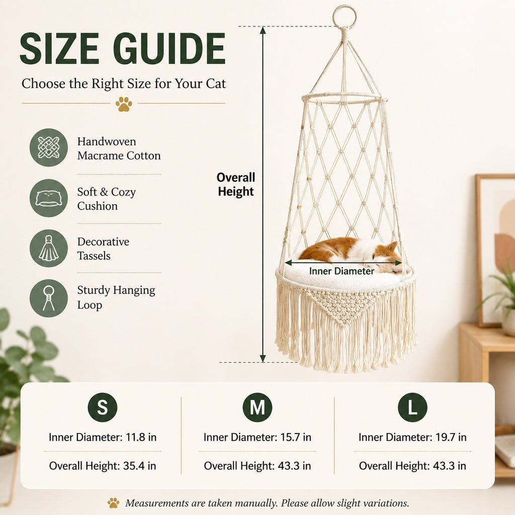 Paws in Awe Macrame Hanging Cat Hammock Bed with Cushion - Space-Saving Indoor Cat Swing for Small Apartments image 2