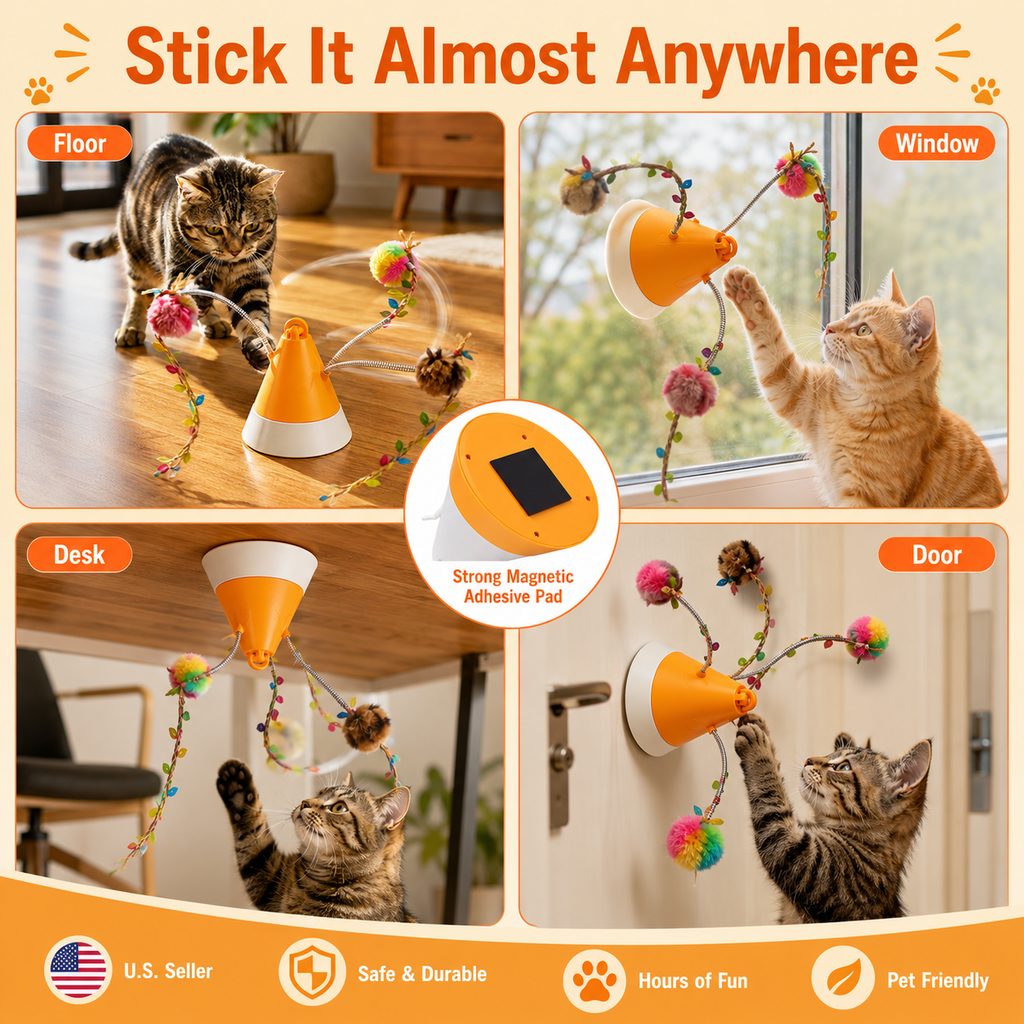 Magnetic cat toy sticks to suitable surfaces around the home