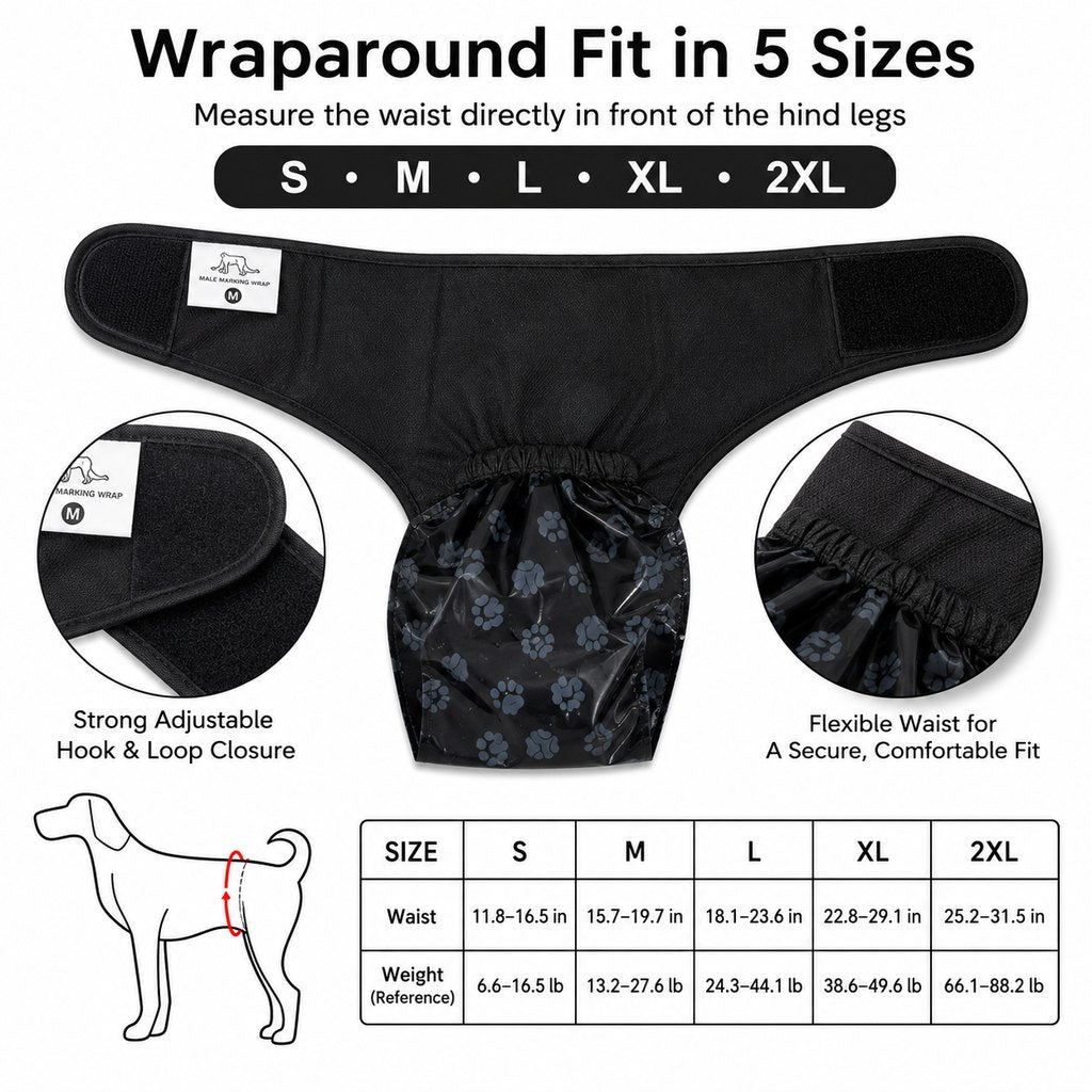 Reusable male dog urine collection wrap with 50 bags