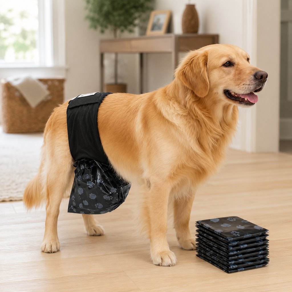 Reusable male dog urine collection wrap with 50 bags