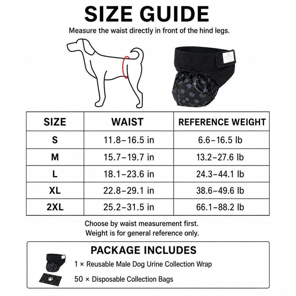 Reusable male dog urine collection wrap with 50 bags
