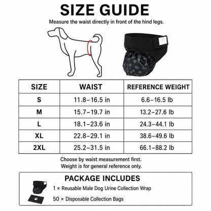 Reusable male dog urine collection wrap with 50 bags