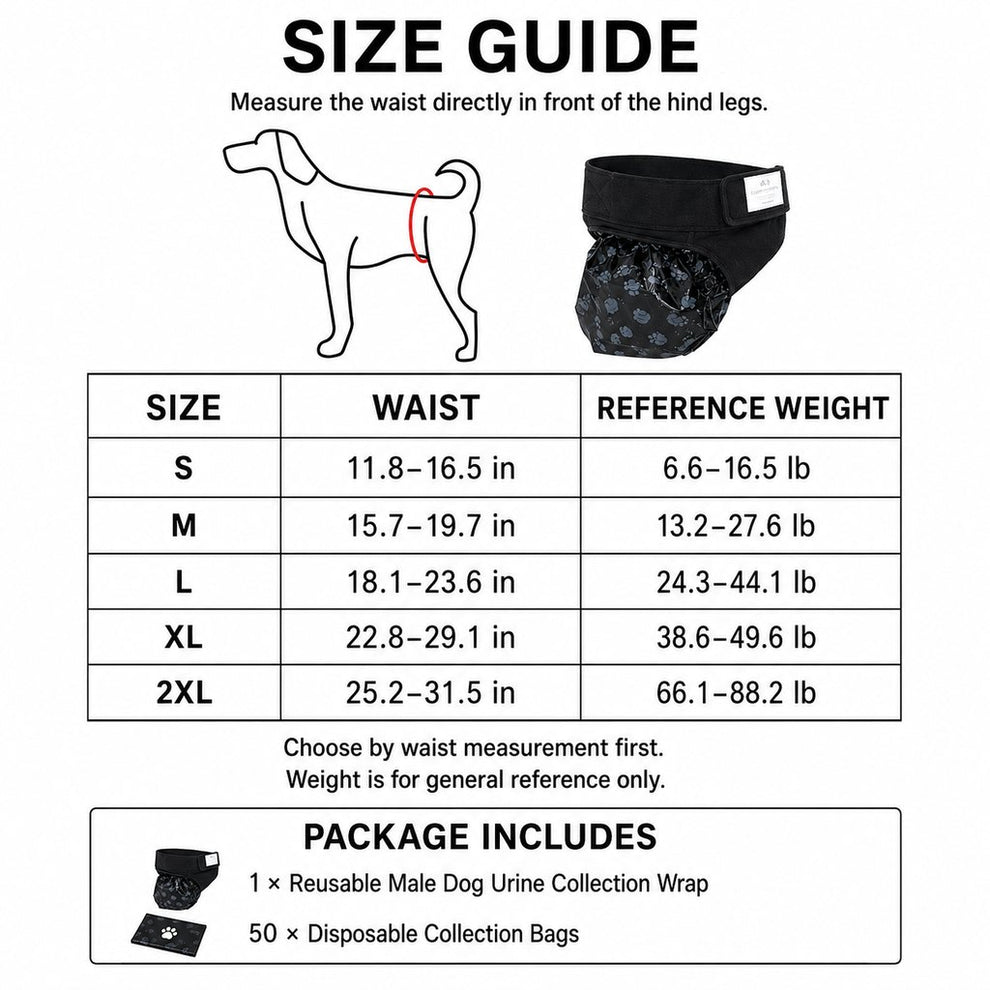 Reusable male dog urine collection wrap with 50 bags