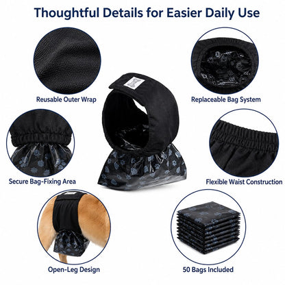 Reusable male dog urine collection wrap with 50 bags