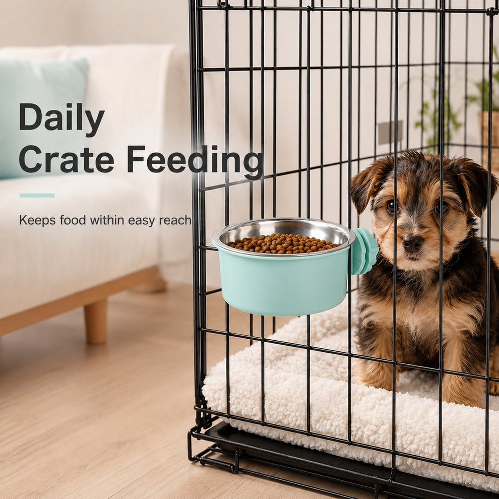 Crate-mounted stainless steel pet bowl for dogs and cats
