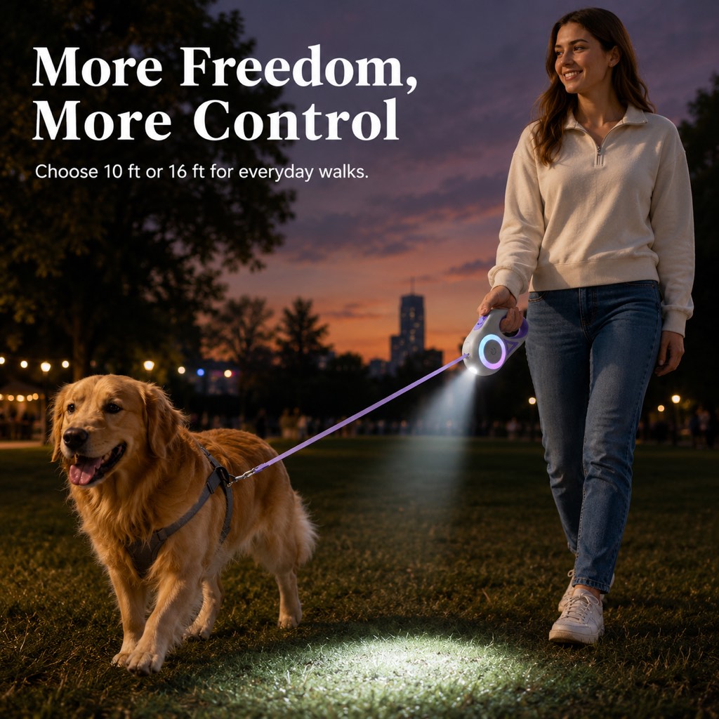 Paws in Awe LED Retractable Dog Leash for Night Walks - Light-Up Dog Leash with Built-In Spotlight, RGB Side Glow & One-Touch Brake for Safer Evening Walks image 2