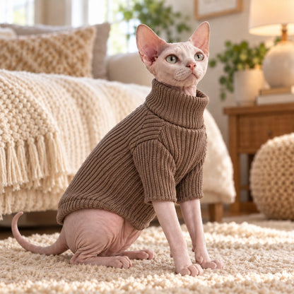 Mocha Brown cat ribbed knit turtleneck sweater