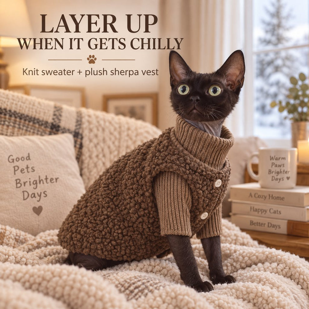 Mocha Brown cat sweater and sherpa vest layered set