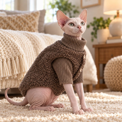 Mocha Brown cat knit sweater and sherpa vest two-piece set