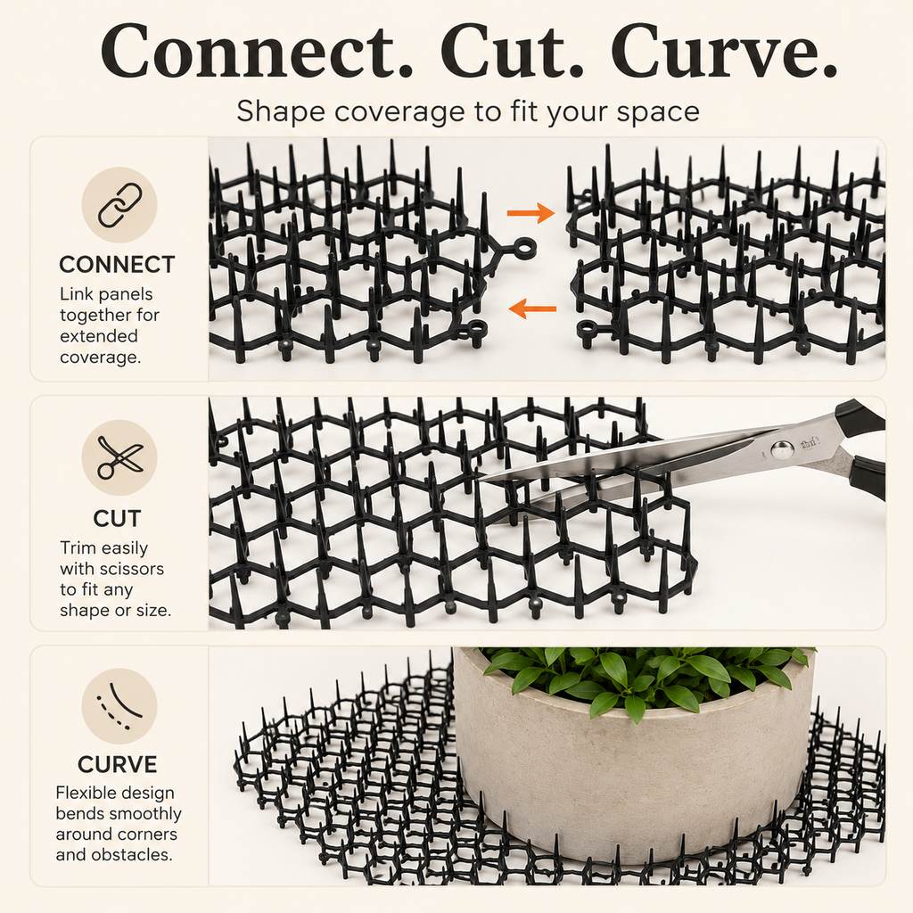 Connect cut and curve modular cat deterrent mats around planters and furniture