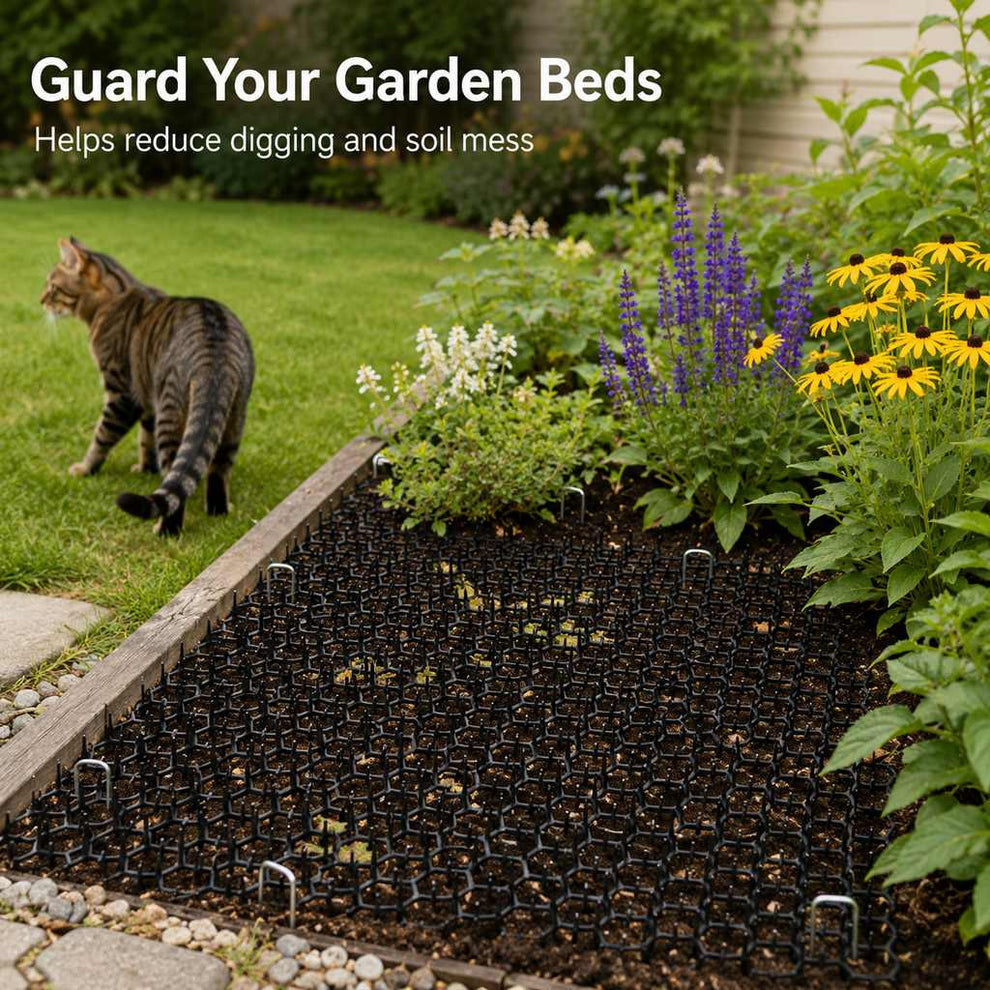 Modular cat deterrent mats used in garden beds to help reduce digging