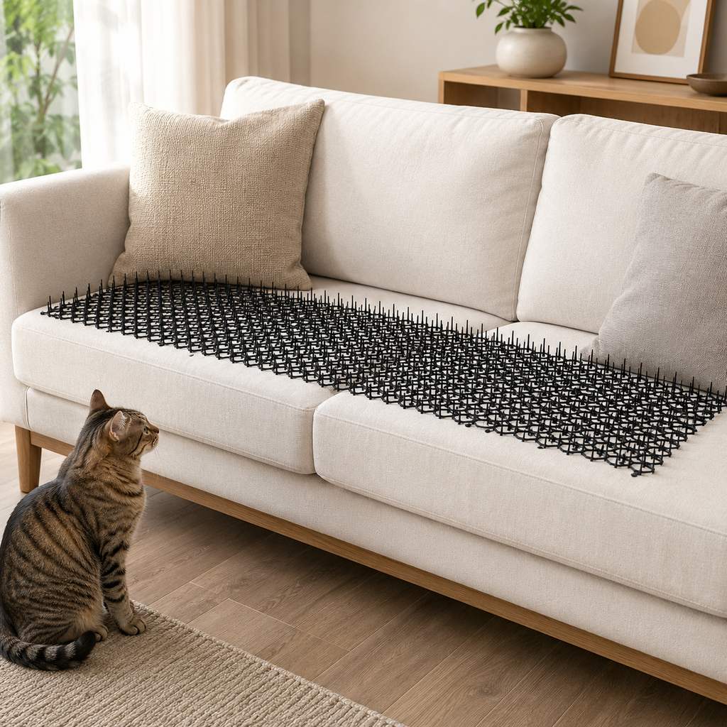 Modular cat deterrent mats on a sofa to help discourage scratching and lounging