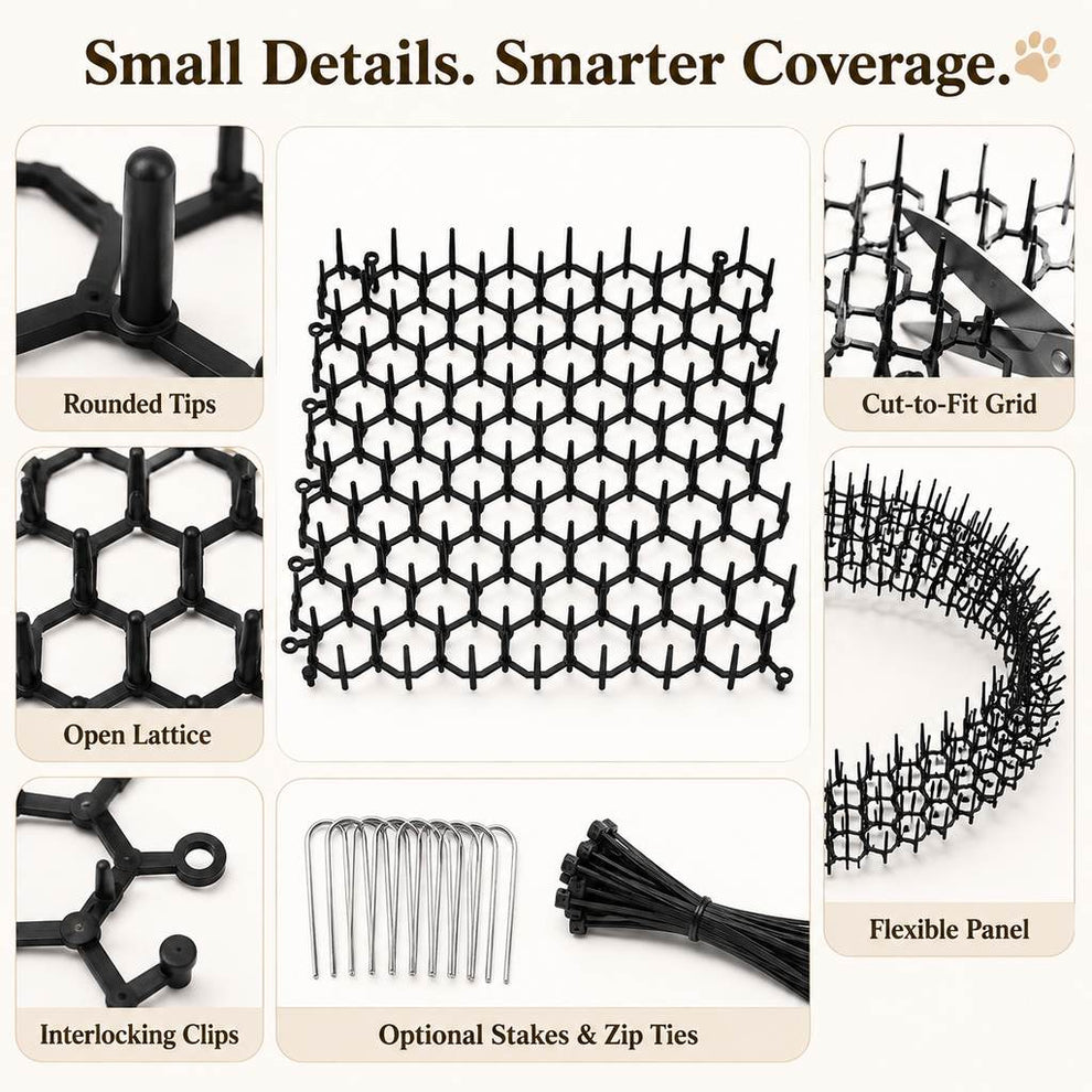 Modular cat deterrent mat details with rounded tips open lattice connectors and optional staples