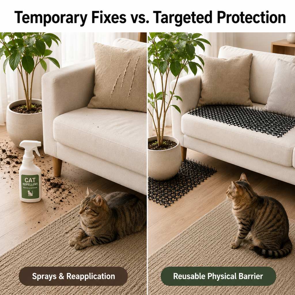 Reusable modular cat deterrent mat compared with spray deterrents for sofa protection