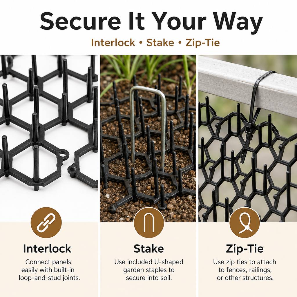 Rounded flexible plastic tips on modular cat deterrent mat