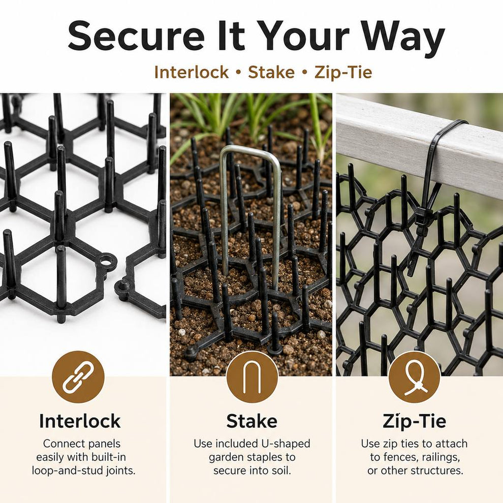 Rounded flexible plastic tips on modular cat deterrent mat
