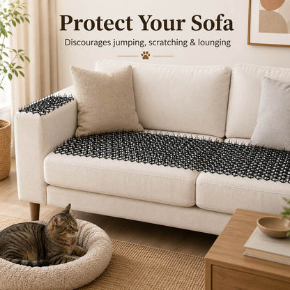 Cat deterrent mats placed on sofa cushions to help protect furniture