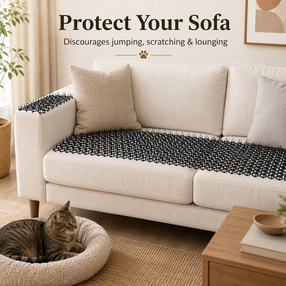Cat deterrent mats placed on sofa cushions to help protect furniture