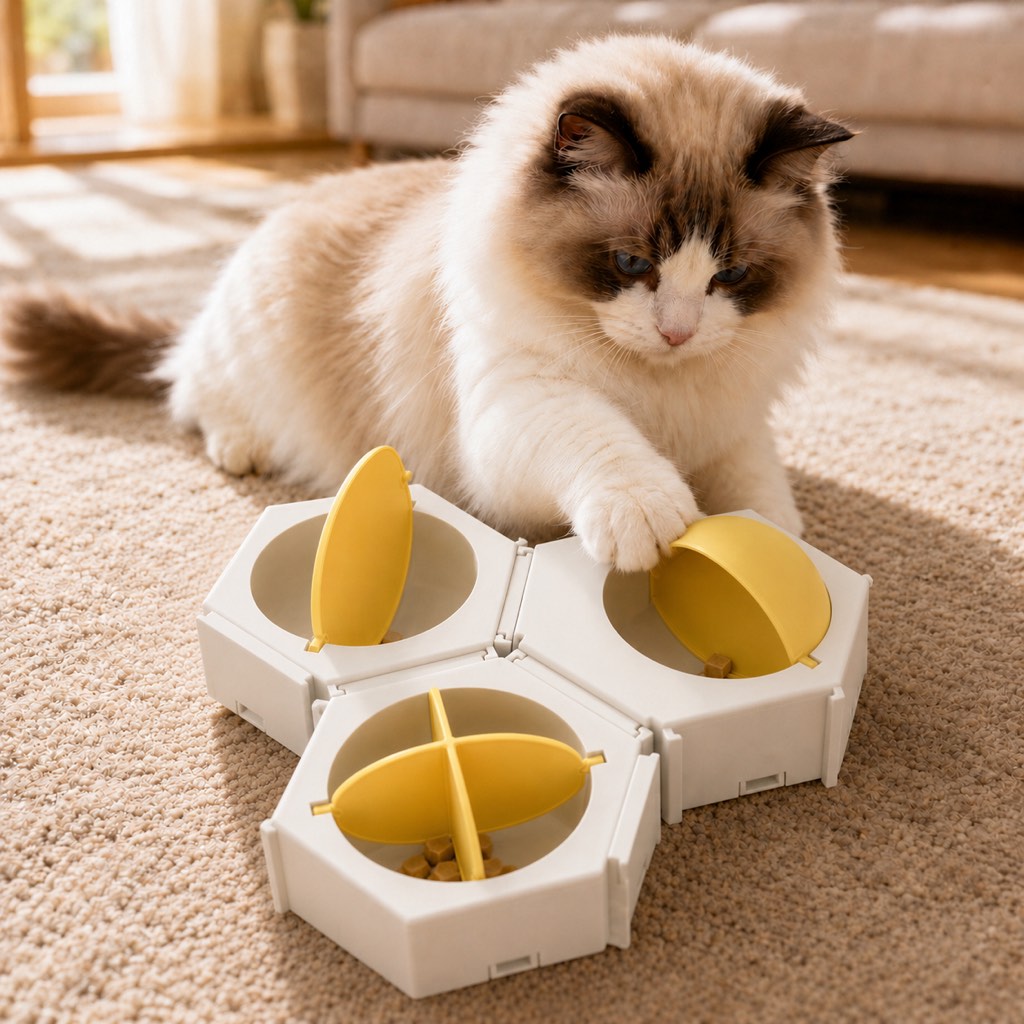 Modular cat puzzle feeder toy for indoor treat time