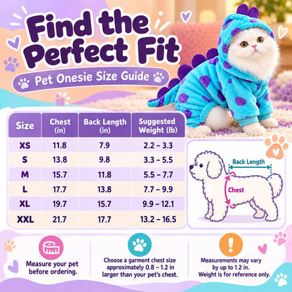Pet onesie size guide with chest and back measurements in inches