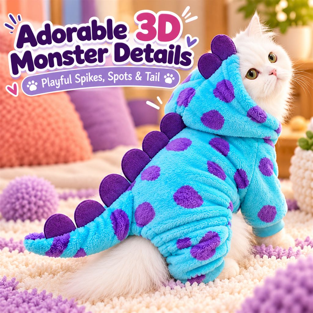 Purple rounded back spikes and decorative tail on a hooded monster pet outfit