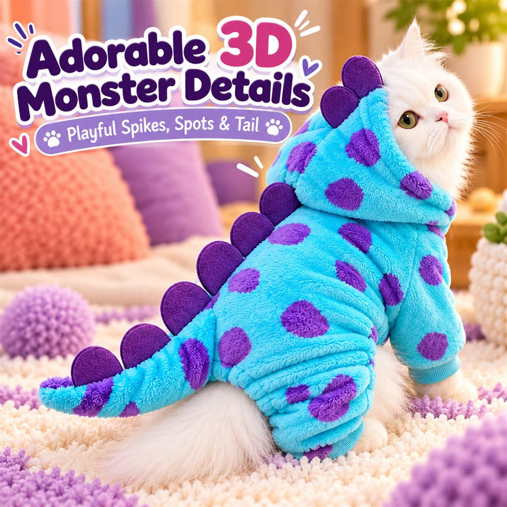 Purple rounded back spikes and decorative tail on a hooded monster pet outfit