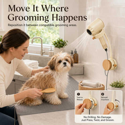 Repositionable suction mount pet dryer holder for home grooming