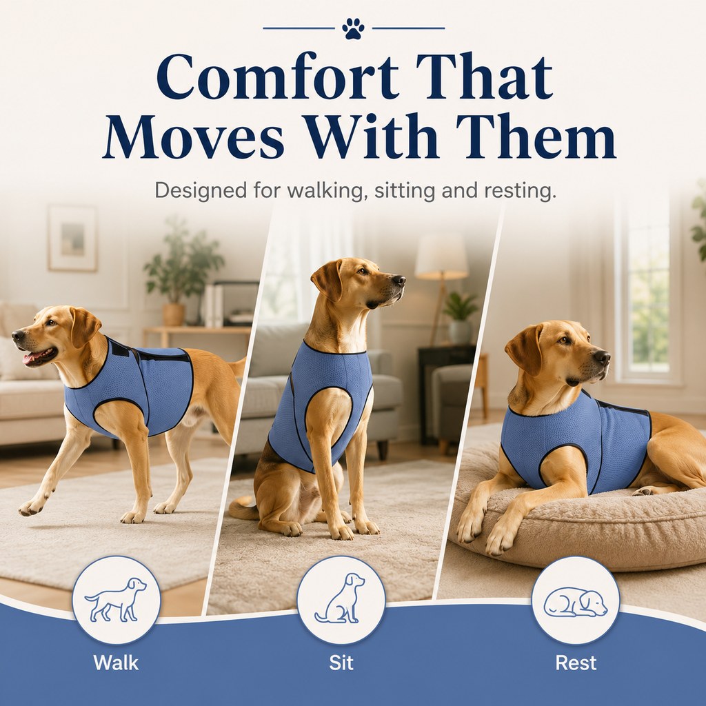 Movement friendly dog comfort wrap vest for walking sitting and resting