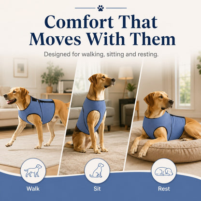 Movement friendly dog comfort wrap vest for walking sitting and resting