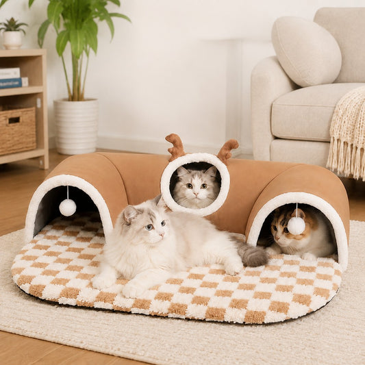 Paws in Awe 3-in-1 Multi-Cat Tunnel Bed & Play Mat for Indoor Cats - Spacious Cozy Hideaway for Shared Rest, Play & Less Bed Competition image 1