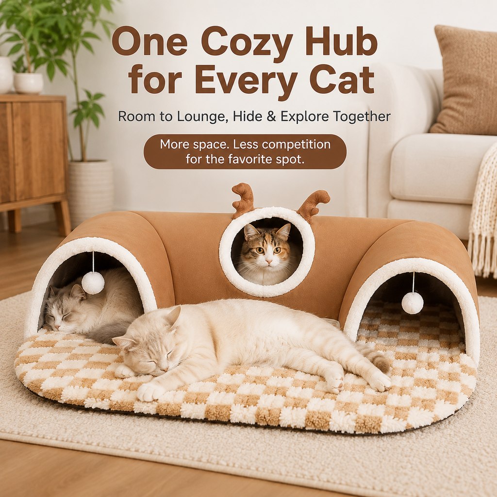 Paws in Awe 3-in-1 Multi-Cat Tunnel Bed & Play Mat for Indoor Cats - Spacious Cozy Hideaway for Shared Rest, Play & Less Bed Competition image 8