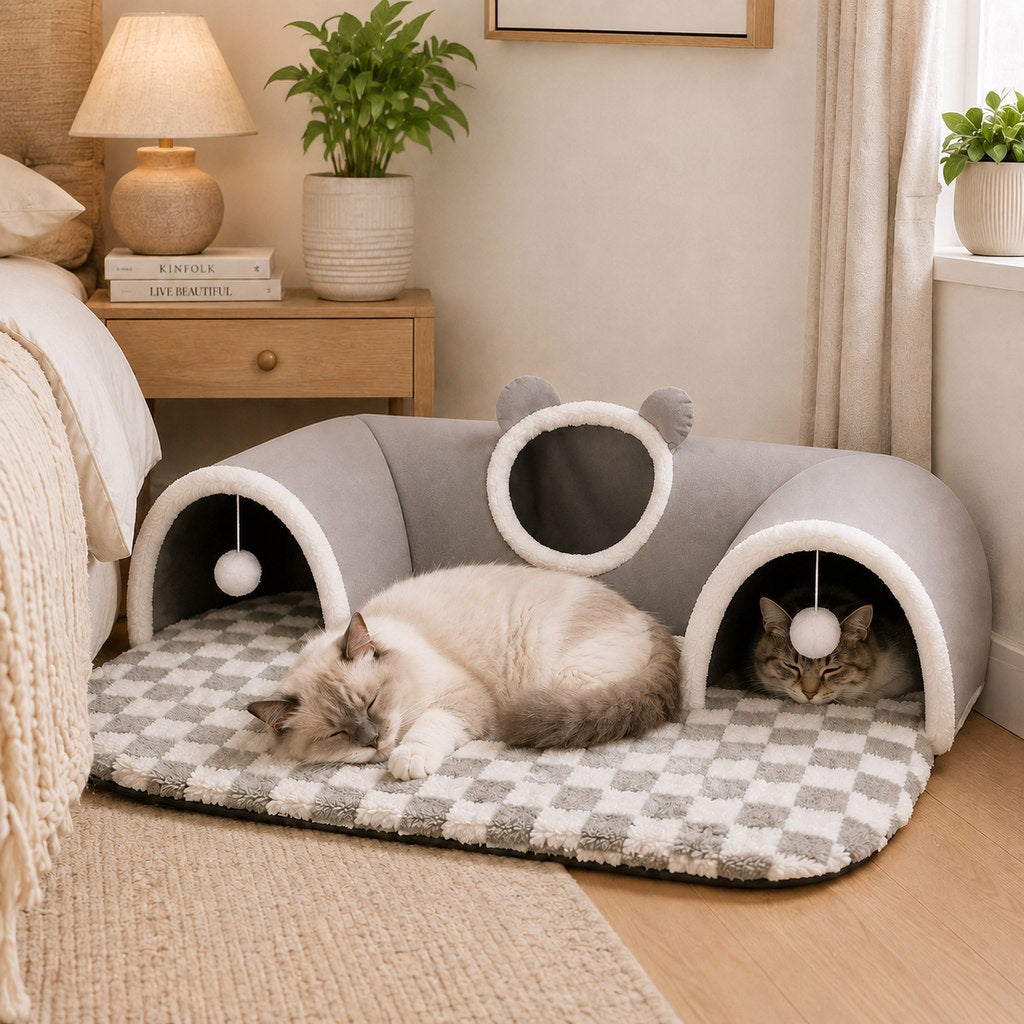Paws in Awe 3-in-1 Multi-Cat Tunnel Bed & Play Mat for Indoor Cats - Spacious Cozy Hideaway for Shared Rest, Play & Less Bed Competition image 10