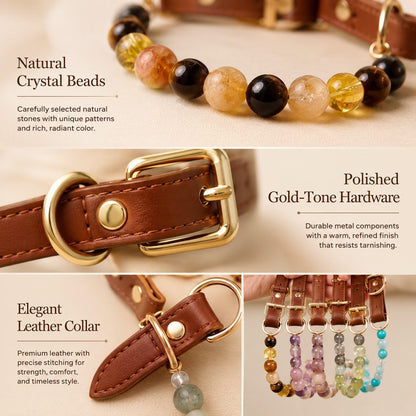 Natural crystal beads and gold-tone hardware pet collar