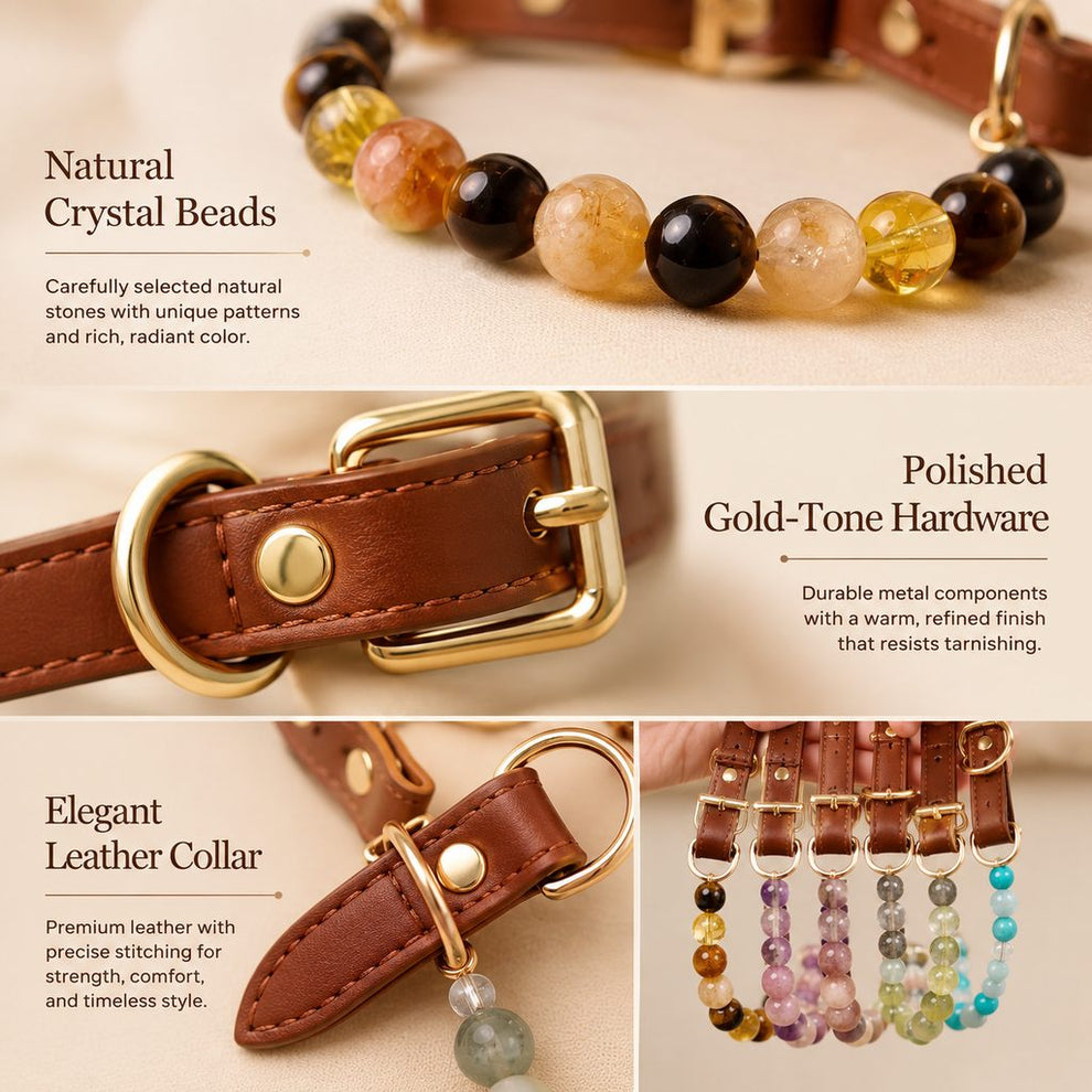 Natural crystal beads and gold-tone hardware pet collar