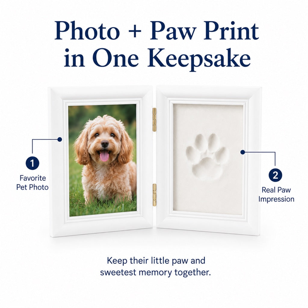 Natural wood frame pet paw print kit with photo display