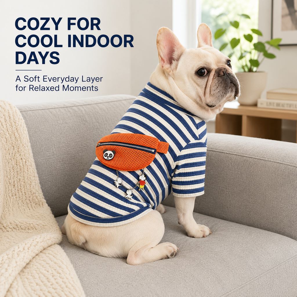 Navy and white striped dog pullover with orange zippered back pocket
