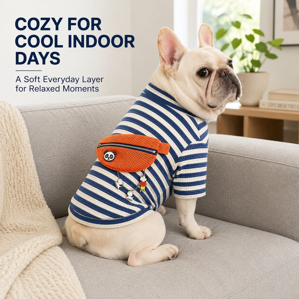 Navy and white striped dog pullover with orange zippered back pocket