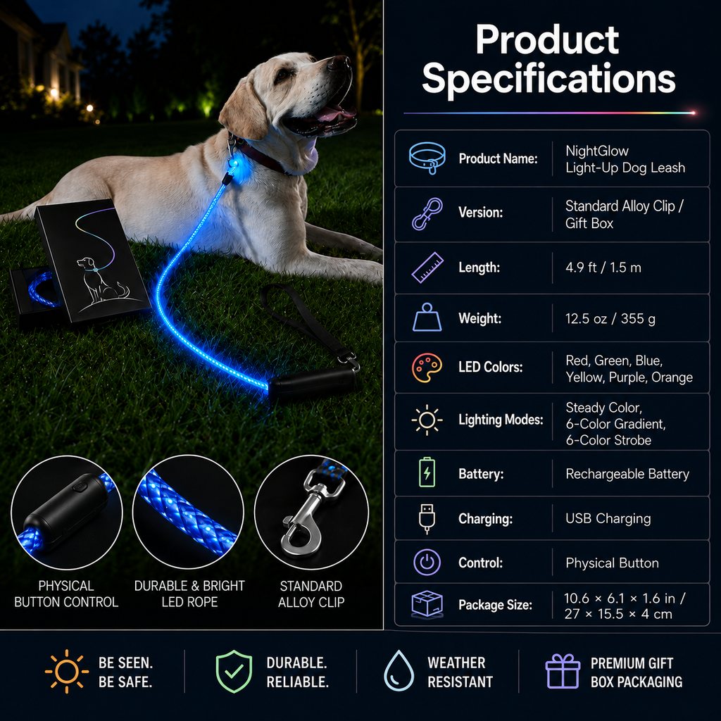 NightGlow LED dog leash lighting modes and color options