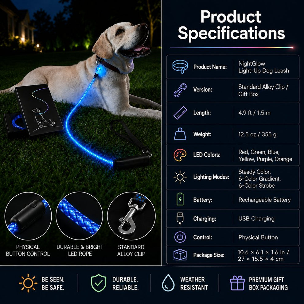 NightGlow LED dog leash lighting modes and color options