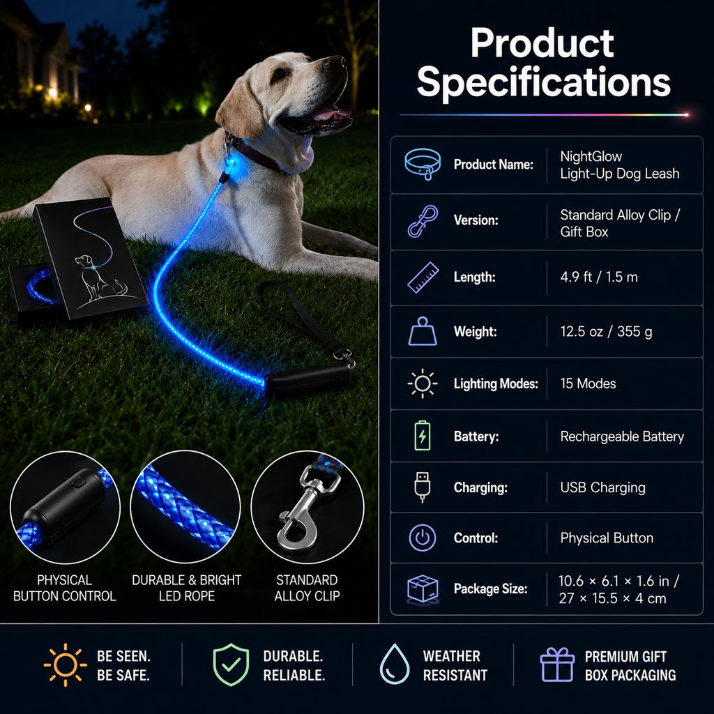 NightGlow LED dog leash product specifications
