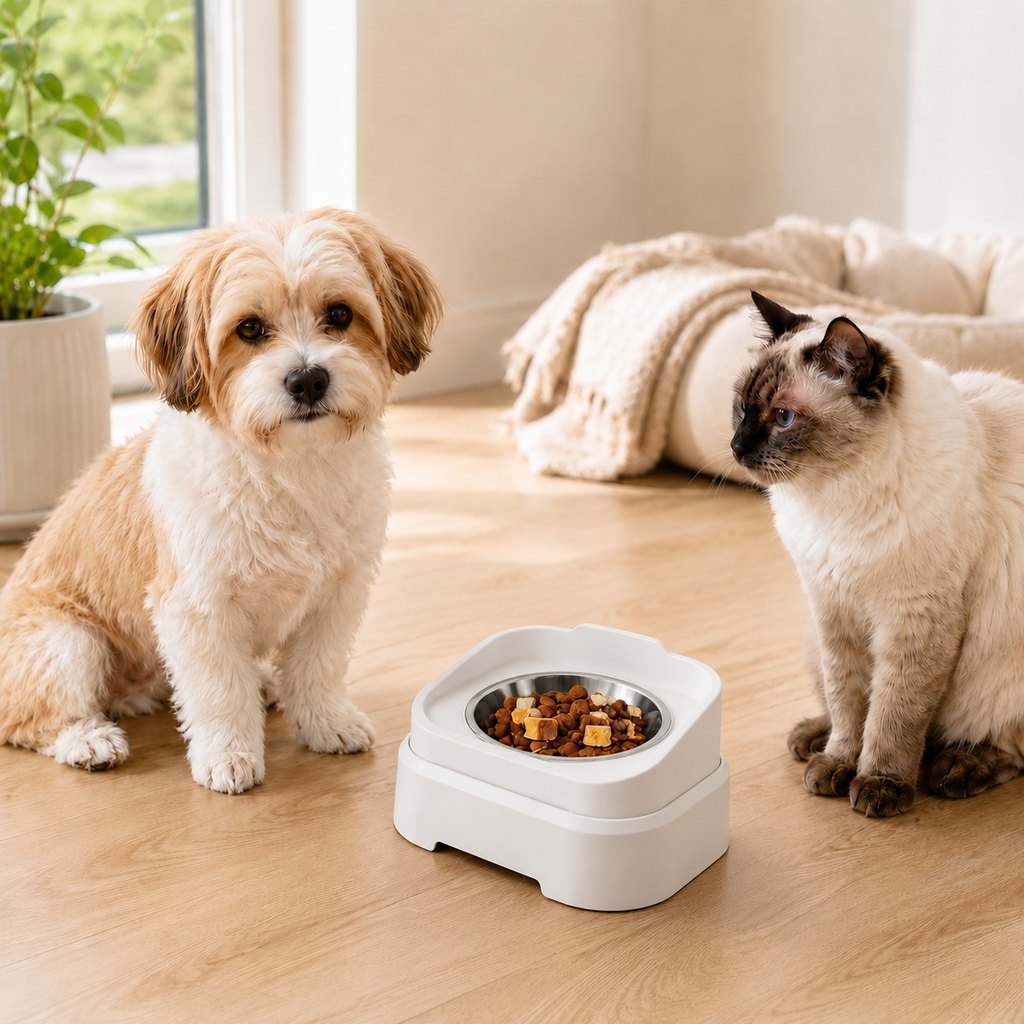 No Stand Moonlight White adjustable slow feeder pet bowl for cats and small dogs