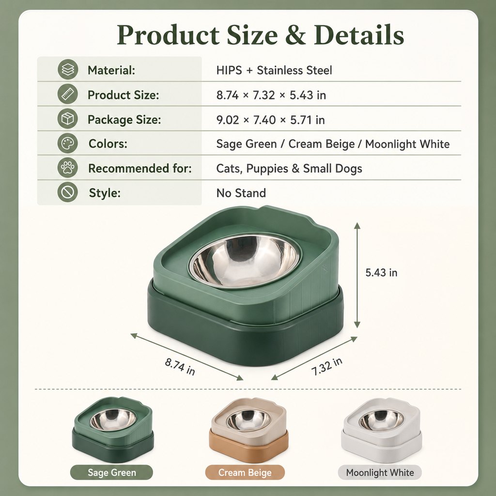 No Stand product size chart for adjustable slow feeder pet bowl