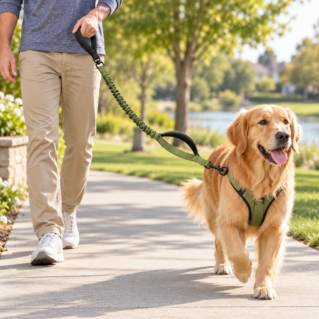 Olive Green dual handle shock-absorbing bungee dog leash