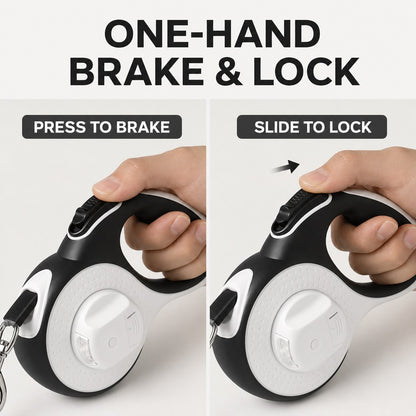 One-hand brake and lock control on LED retractable dog leash
