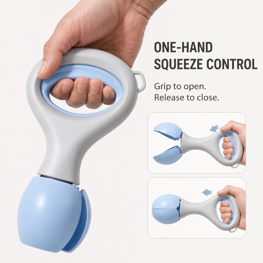 One-hand squeeze control dog pooper scooper handle