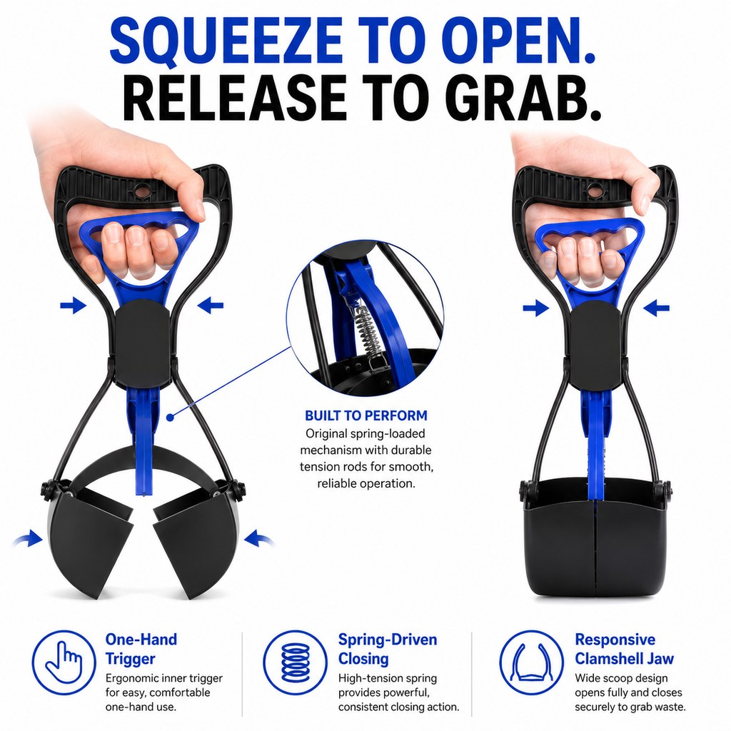 One-hand squeeze trigger dog pooper scooper