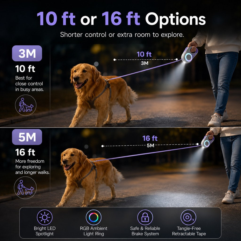 Paws in Awe LED Retractable Dog Leash for Night Walks - Light-Up Dog Leash with Built-In Spotlight, RGB Side Glow & One-Touch Brake for Safer Evening Walks image 6