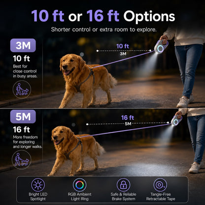 Paws in Awe LED Retractable Dog Leash for Night Walks - Light-Up Dog Leash with Built-In Spotlight, RGB Side Glow & One-Touch Brake for Safer Evening Walks image 6