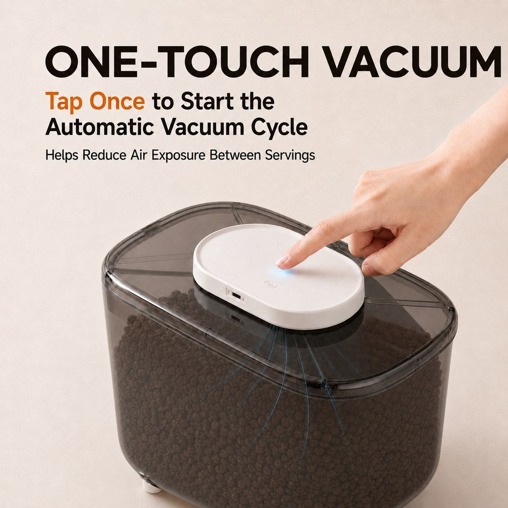 One-touch vacuum pet food storage container top control