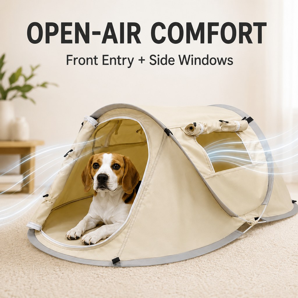 Open-air comfort pet tent with front entry and side windows